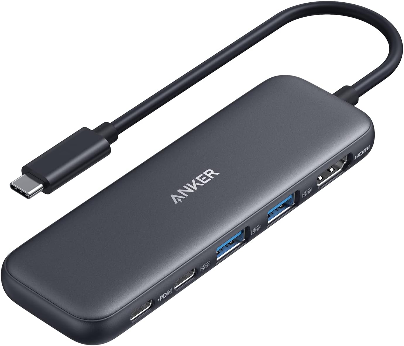 5-in-1 Anker USB-C Hub: 4K HDMI, 3 USB ports, laptop compatibility.