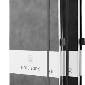 A5 Notebook, 2 Pack Notebook A5 200 Pages 100 GSM Journal Notebook Hardback Notepad with Bookmark, Pen Loop, and Elastic Closure (Black+Gray)