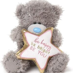 Me to You Tatty Teddy ”Be Happy Be Bright” Plush Bear on a Gift Plinth – Official Collection, Blue,gold,grey,pink