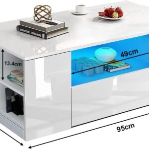 Blisswood Led Coffee Table with 2 Drawer Storage, High Gloss Coffee Table for Living Room Wooden Centre Table with RGB Led Lights Rectangle Tea Table for Living Room Furniture, White