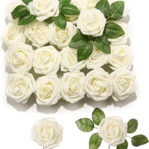 20 pcs Artificial Roses with Stems, Fake Flowers, White Roses