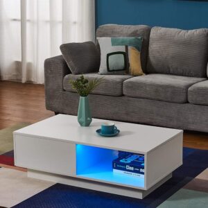 wooden Coffee Table with Storage Drawer and Shelf Wood Sofa Side End Table with LED Lighting Home Office Living Room Furniture