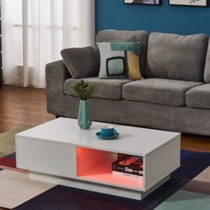 wooden Coffee Table with Storage Drawer and Shelf Wood Sofa Side End Table with LED Lighting Home Office Living Room Furniture