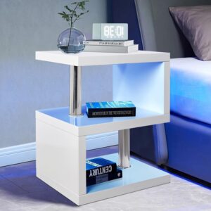 White Led Side Table Small Coffee Table For Living Room, 2 Tier Storage Shelves