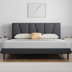 Bed Frame Small Double Upholstered Platform with Headboard and Solid Wooden Slats