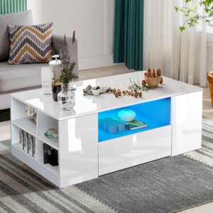 Blisswood Led Coffee Table with 2 Drawer Storage, High Gloss Coffee Table for Living Room Wooden Centre Table with RGB Led Lights Rectangle Tea Table for Living Room Furniture, White