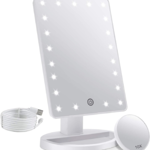 Makeup Vanity Mirror with Lights and Detachable 10X Magnification, 21 Led Lights Adjustable Dimming Touch Sensor, Dual Power Supply, 180° Rotation, Portable Cosmetic Mirror