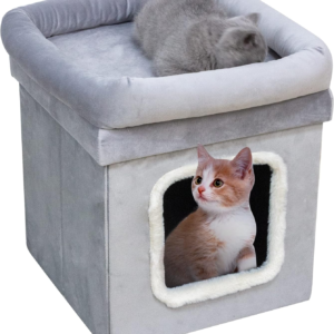 HomeHarmony® Cat Pet House Foldable Easy To Assemble Velvet Pet Kennel Bed Cosy Soft Warm Comfortable With Lid Size 38cm x 38cm x 40cm (Silver)