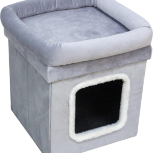 HomeHarmony® Cat Pet House Foldable Easy To Assemble Velvet Pet Kennel Bed Cosy Soft Warm Comfortable With Lid Size 38cm x 38cm x 40cm (Silver)