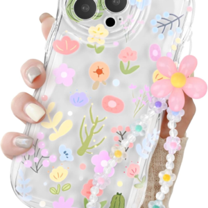 Clear iPhone 13 Pro Max Case for Girls Women, Cute Flower Floral Pattern Design with Lovely Chain Phone Case Flexible Soft TPU Shockproof Camera Protection Bumper Cover for iPhone 13 Pro Max