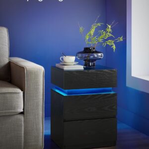 Bedside Table with LED Lights, Adjustable Light Colours, 3 Drawers, Side Table